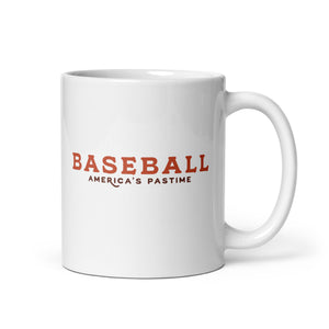 Retro styled ceramic mug with an American Baseball Player catching a fly ball and the words “Baseball. America’s Pastime” printed on one side. 