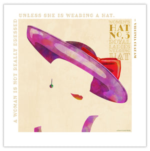  Colorful portrait of a woman’s wedding hat with the American daytime television hast Virginia Graham quote, “A woman is not really dressed unless she is wearing a hat.” Bold graphic shapes in bright colors combined with sophisticated typography and intriguing negative space creates a compelling art piece.
