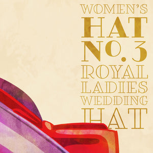 Detail of  Colorful portrait of a woman’s wedding hat with the American daytime television hast Virginia Graham quote, “A woman is not really dressed unless she is wearing a hat.” Bold graphic shapes in bright colors combined with sophisticated typography and intriguing negative space creates a compelling art piece.