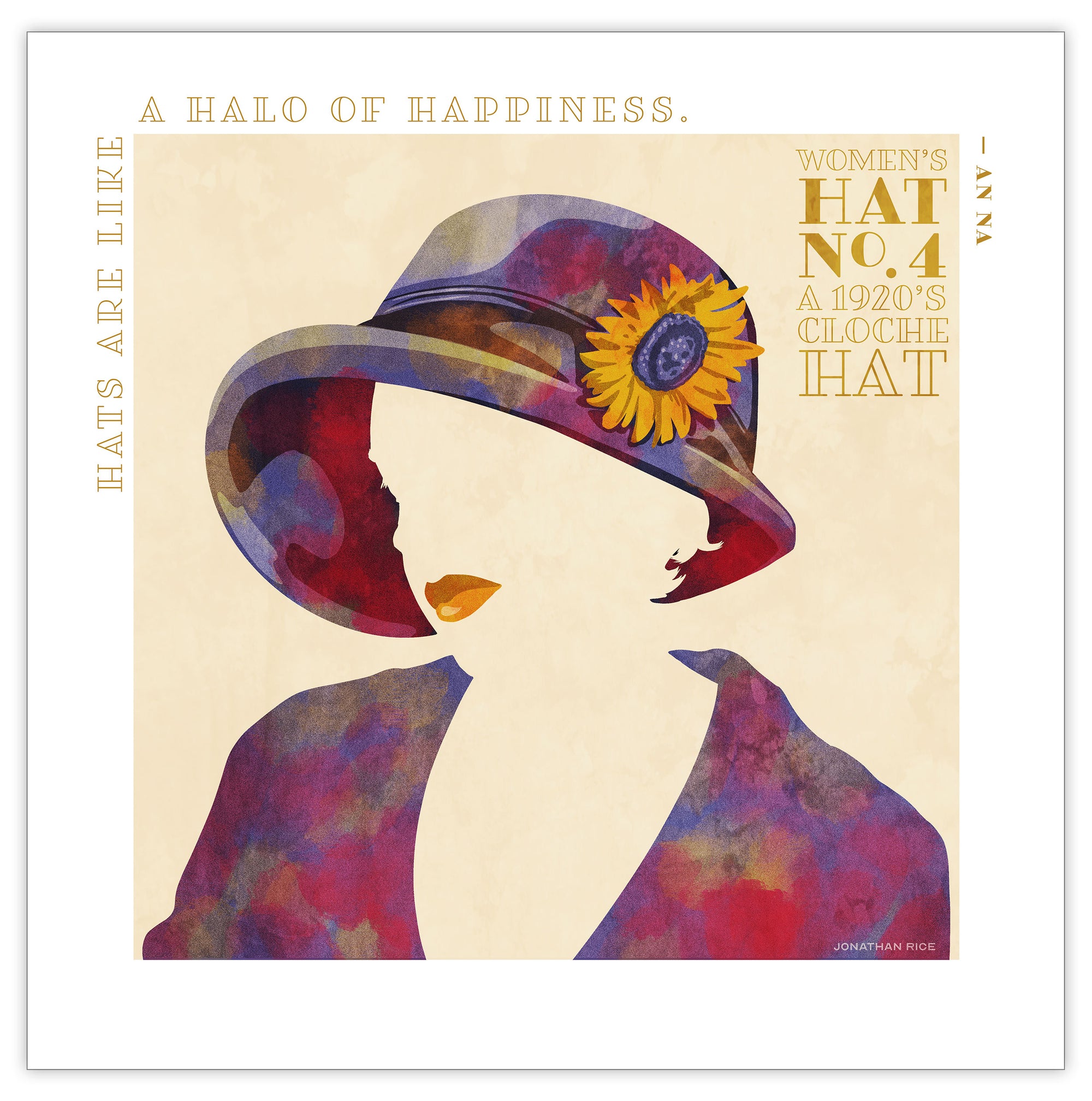 Colorful portrait of a woman’s hat with the South Korea-born American children's book author An Na quote “Hats are like a halo of happiness.” Bold graphic shapes in bright colors combined with sophisticated typography and intriguing negative space creates a compelling art piece