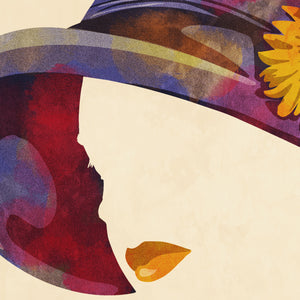 Detail of Colorful portrait of a woman’s hat with the South Korea-born American children's book author An Na quote “Hats are like a halo of happiness.” Bold graphic shapes in bright colors combined with sophisticated typography and intriguing negative space creates a compelling art piece